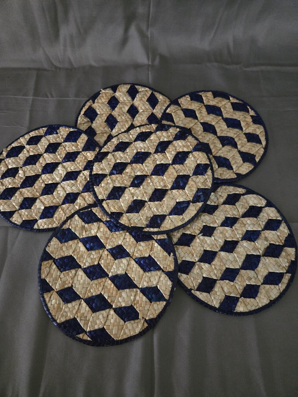 Vintage Woven Straw Rattan Raffia Hot Pads Trivet Set of 6 Blue And Tan